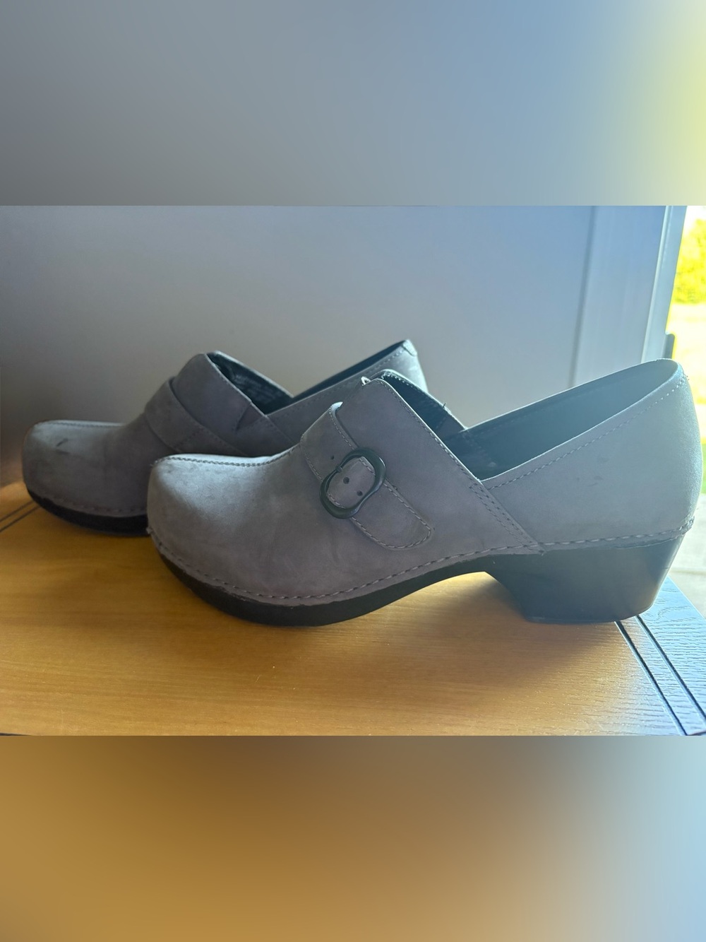 Dansko Gray Suede Buckle Mules